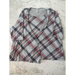 Women’s Catherines Top Plaid Gray Red Black Built-In Cardigan Plus Size 3X 26/28